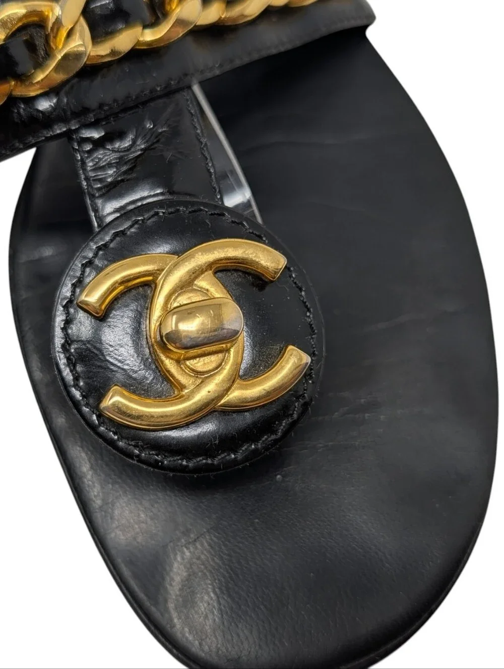 Chanel Black Leather Gold Turnlock Interlocking CC Chain Sandal Size EU 39